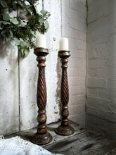 Load image into Gallery viewer, Indian Vintage twisted hardwood tall candelsticks with beaten brass metal decorative detail