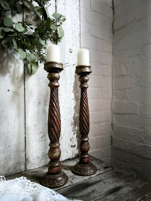 Indian Vintage twisted hardwood tall candelsticks with beaten brass metal decorative detail