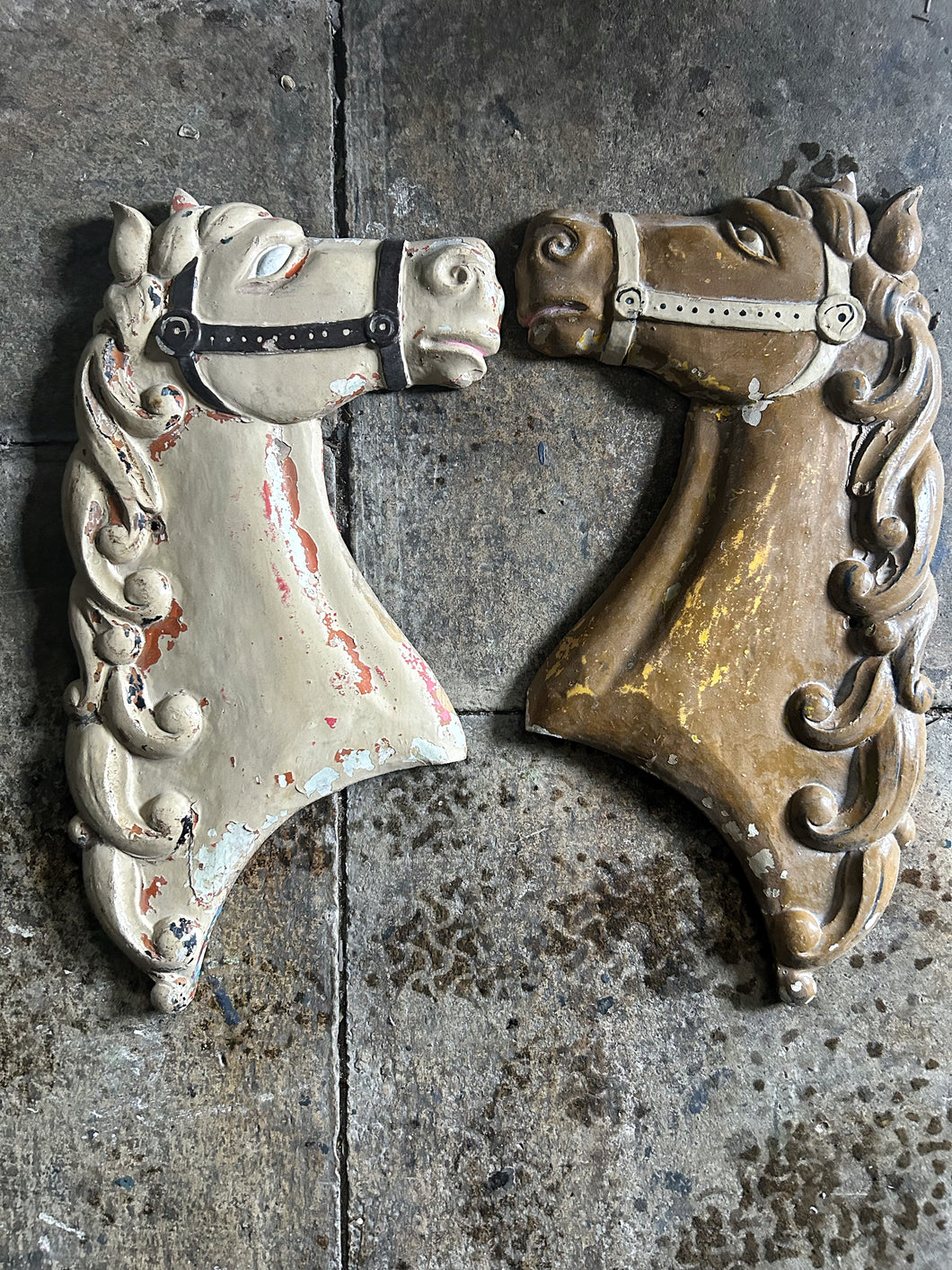 Pair of Antique Catalonian, Spanish, Wooden carved carnival horses heads.