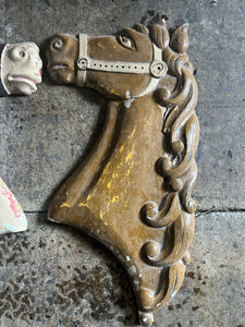 Pair of Antique Catalonian, Spanish, Wooden carved carnival horses heads.