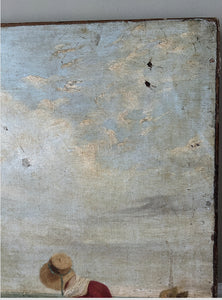 An antique folk art primitive naive 19th Century portrait seascape oil painting on canvas