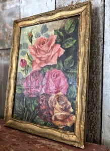 A French vintage signed floral still life oil painting on board signed in gilt frame