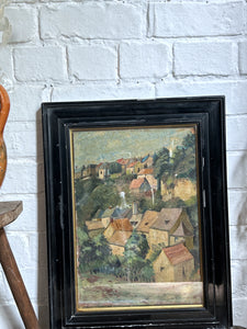 An antique cubist style roof top Mediterranean landscape oil painting