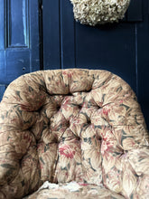 Load image into Gallery viewer, An antique distressed button back slipper chair with original floral linen upholstery &amp; turned legs