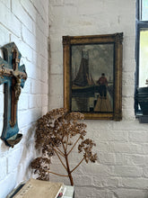 Load image into Gallery viewer, An antique Dutch sailor on jetty with boat oil painting in original gilt frame, signed.