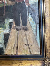 Load image into Gallery viewer, An antique Dutch sailor on jetty with boat oil painting in original gilt frame, signed.
