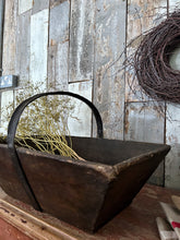 Load image into Gallery viewer, Antique rustic dark wooden trug with metal handle
