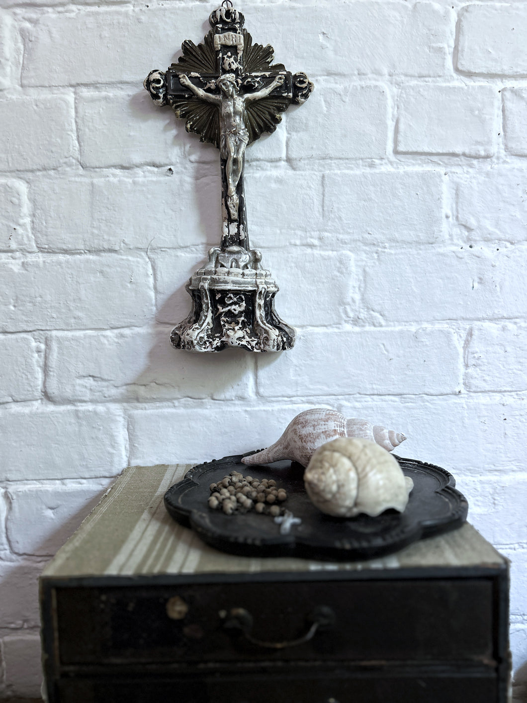 A French antique church wall hung plaster cross & religious figure