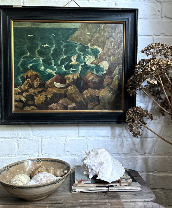A stunning Vintage 1930's British Modernist mid century modern seascape oil painting on canvas in original frame