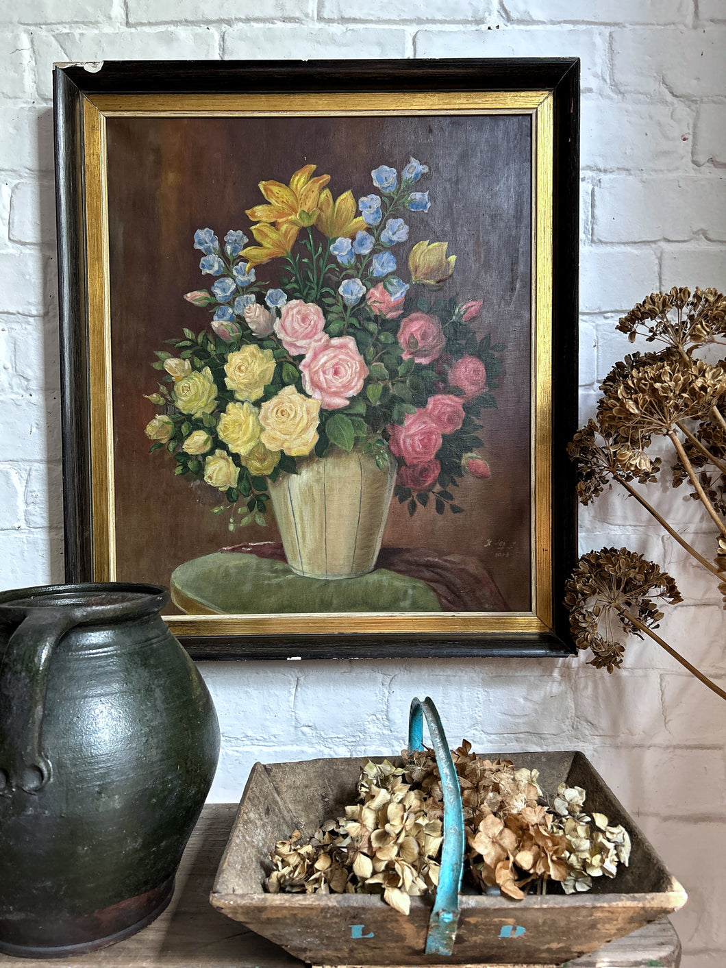Vintage 1940's floral still life oil painting on canvas signed