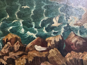 A stunning Vintage 1930's British Modernist mid century modern seascape oil painting on canvas in original frame