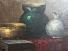 Load image into Gallery viewer, A vintage still life oil painting on board in gilt frame signed