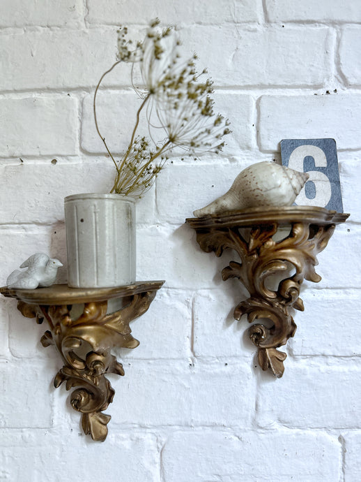A Vintage pair of gilded Florentine rococo style wall brackets