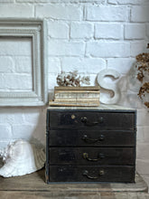 Load image into Gallery viewer, A set of vintage desk top stationary drawers covered in striped ticking fabric