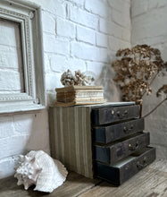 Load image into Gallery viewer, A set of vintage desk top stationary drawers covered in striped ticking fabric