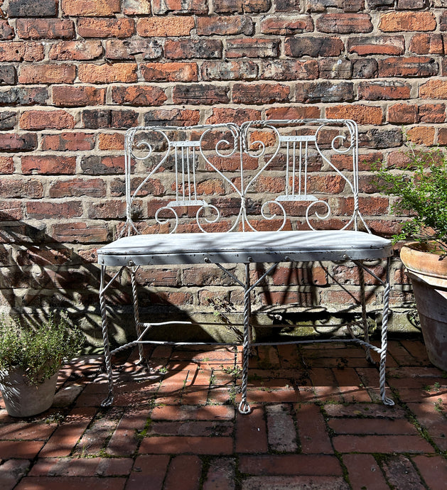 A late 19th Century Victorian antique twisted wire work and wood painted garden seat 