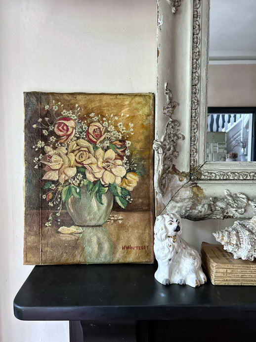 A signed French antique early 20th Century Floral still life oil painting on canvas