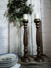 Load image into Gallery viewer, Indian Vintage twisted hardwood tall candelsticks with beaten brass metal decorative detail