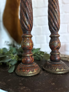 Indian Vintage twisted hardwood tall candelsticks with beaten brass metal decorative detail