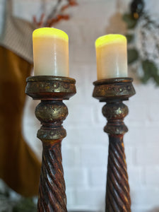 Indian Vintage twisted hardwood tall candelsticks with beaten brass metal decorative detail