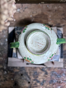 Italian vintage majolica hand painted green pottery dish with handles