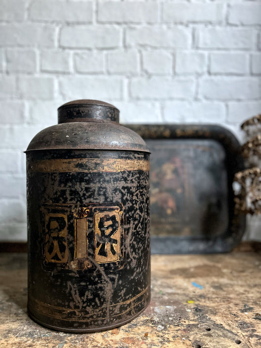 Large antique 1800's trading company toleware tea storage tin with gold detail on front