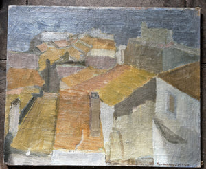Large Swedish Cubist landscape oil painting on canvas Cadaques rooftops 1959