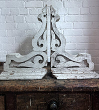 Load image into Gallery viewer, Large Victorian antique wooden chippy white painted decorative carved corbels wall brackets