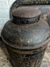 Load image into Gallery viewer, Large antique 1800's trading company toleware tea storage tin with gold detail on front