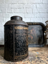 Load image into Gallery viewer, Large antique 1800's trading company toleware tea storage tin with gold detail on front