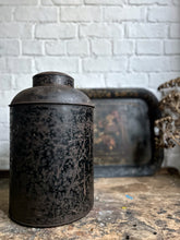 Load image into Gallery viewer, Large antique 1800's trading company toleware tea storage tin with gold detail on front