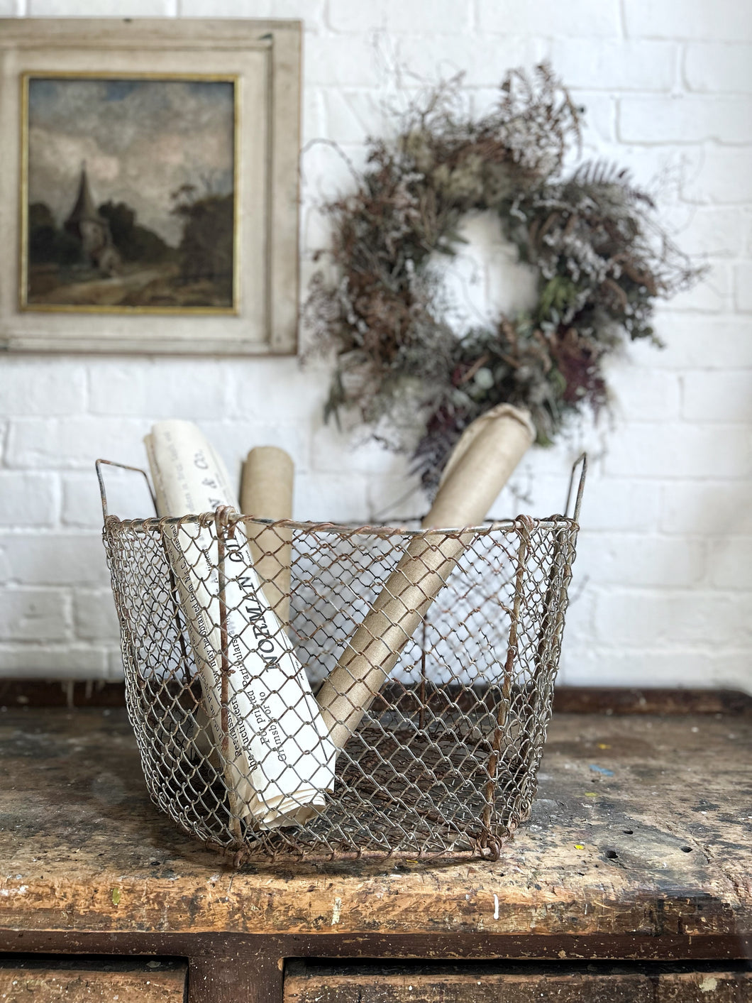 Large vintage wire storage basket with handles