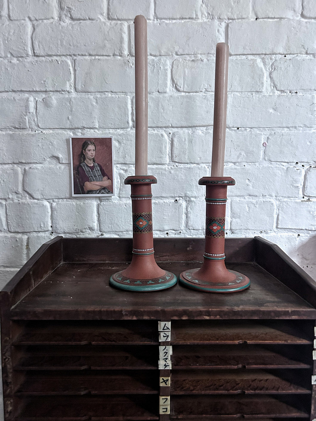 Pair of Late 19th Century antique terracotta Christoper Dresser Watcombe Torquay candlesticks