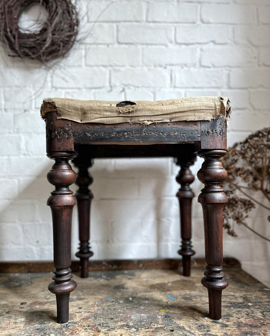 Late 19th Century rosewood turned leg stool with original ticking fabric seat