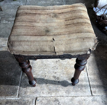 Load image into Gallery viewer, Late 19th Century rosewood turned leg stool with original ticking fabric seat