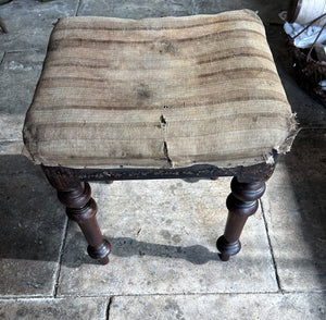 Late 19th Century rosewood turned leg stool with original ticking fabric seat
