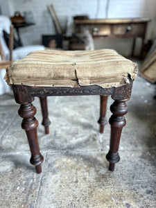 Late 19th Century rosewood turned leg stool with original ticking fabric seat