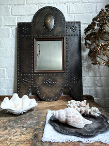 Mid 19th Century Antique French leather and metal studded framed mirror