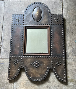 Mid 19th Century Antique French leather and metal studded framed mirror