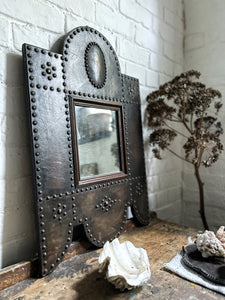 Mid 19th Century Antique French leather and metal studded framed mirror