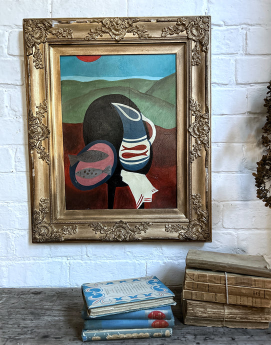 Mid 20th Century Cornish School style oil painting on card in Vintage gilt frame