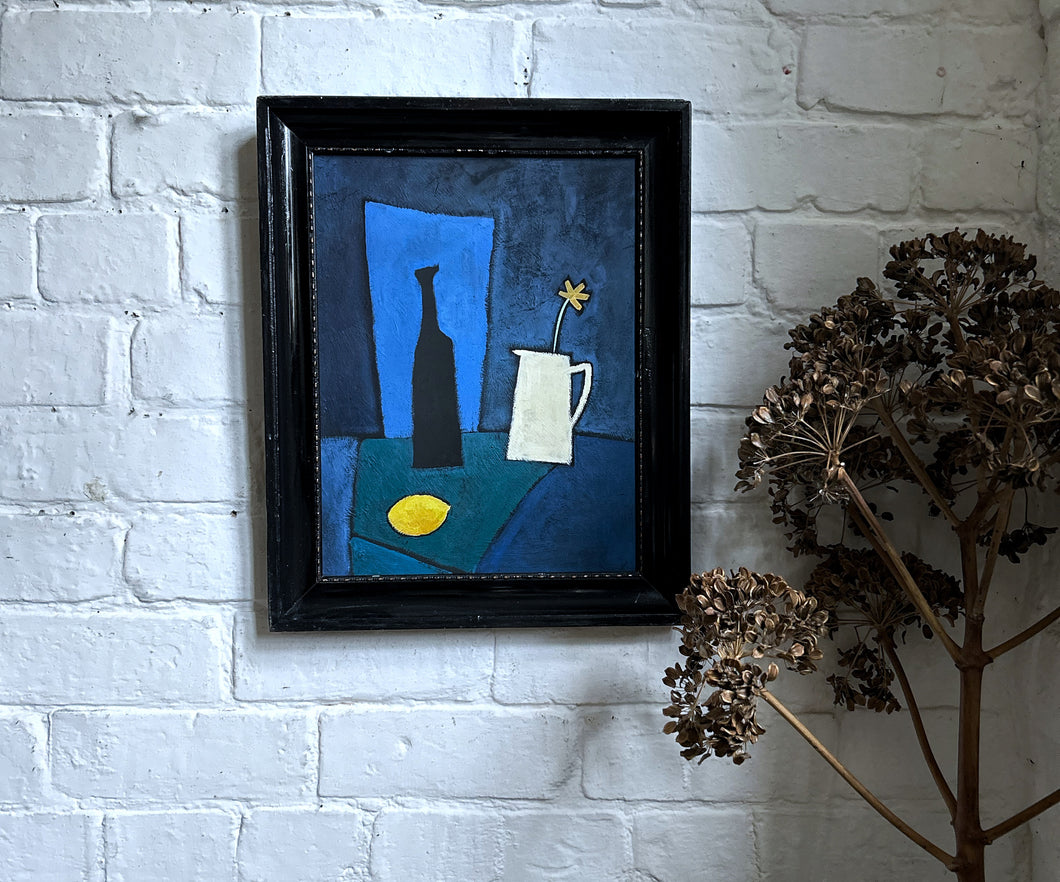 Mid 20th Century Scandinavian still life oil painting jug and fruit