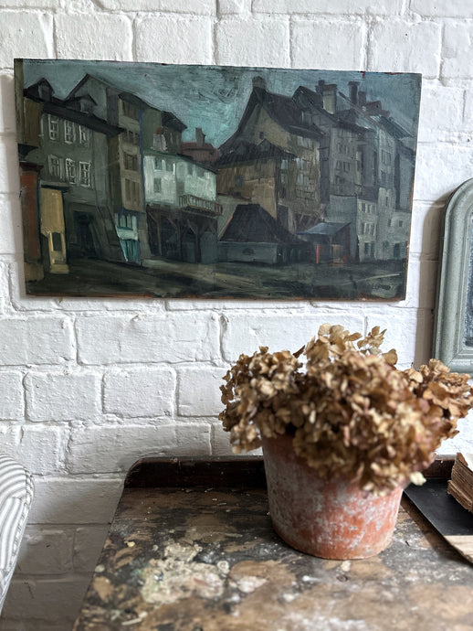 Mid 20th Century Street scene landscape oil painting on wooden panel signed