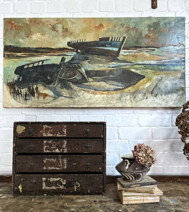 Mid 20th Century, modern British, abstract seascape moored boats oil painting on canvas