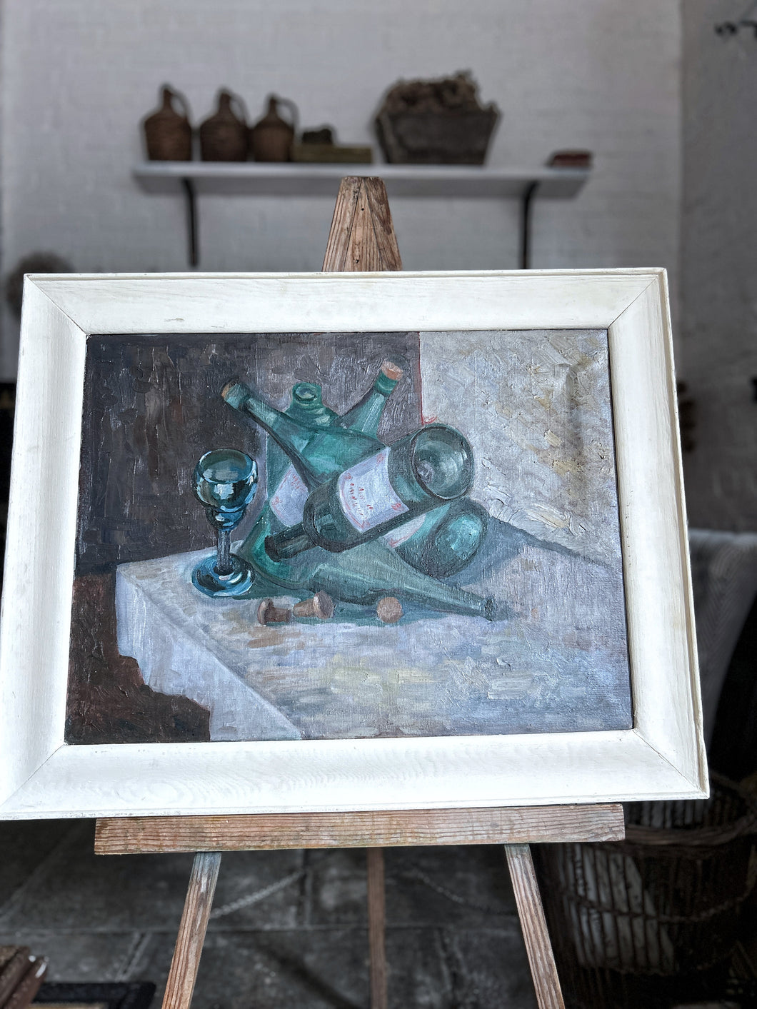 A vintage mid 20th Century Still life oil painting on stretched canvas in original frame