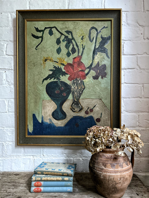 Large Swedish Mid 20th Century, abstract, expressionist, vintage oil painting still life floral