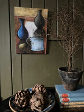 Load image into Gallery viewer, Mid 20th century still life oil painting of vessels on wooden panel