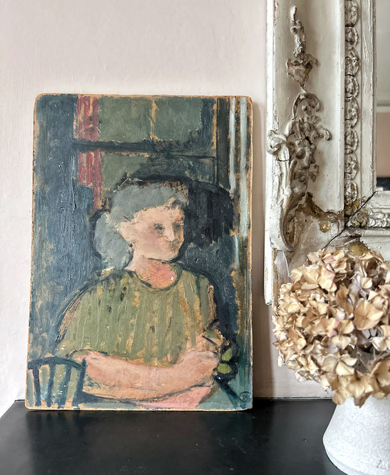 Mid Century Vintage impasto oil painting portrait on board