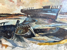 Load image into Gallery viewer, Mid 20th Century, modern British, abstract seascape moored boats oil painting on canvas