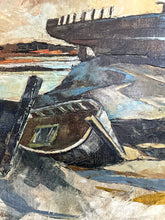 Load image into Gallery viewer, Mid 20th Century, modern British, abstract seascape moored boats oil painting on canvas